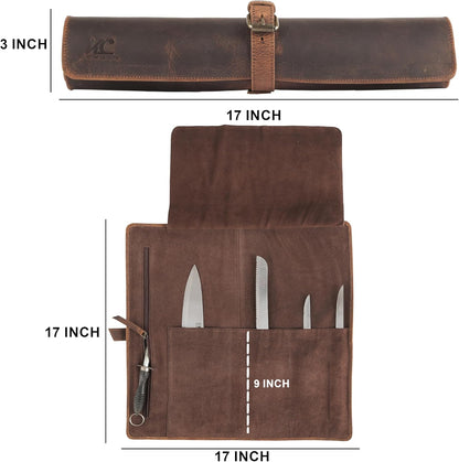 Leather Knife Roll Bag for Chefs – 17.5” x 17.5” Professional Chef Knife Storage Organizer, Portable Culinary Knife Case, Travel Knife Roll for Kitchen, BBQ & Catering