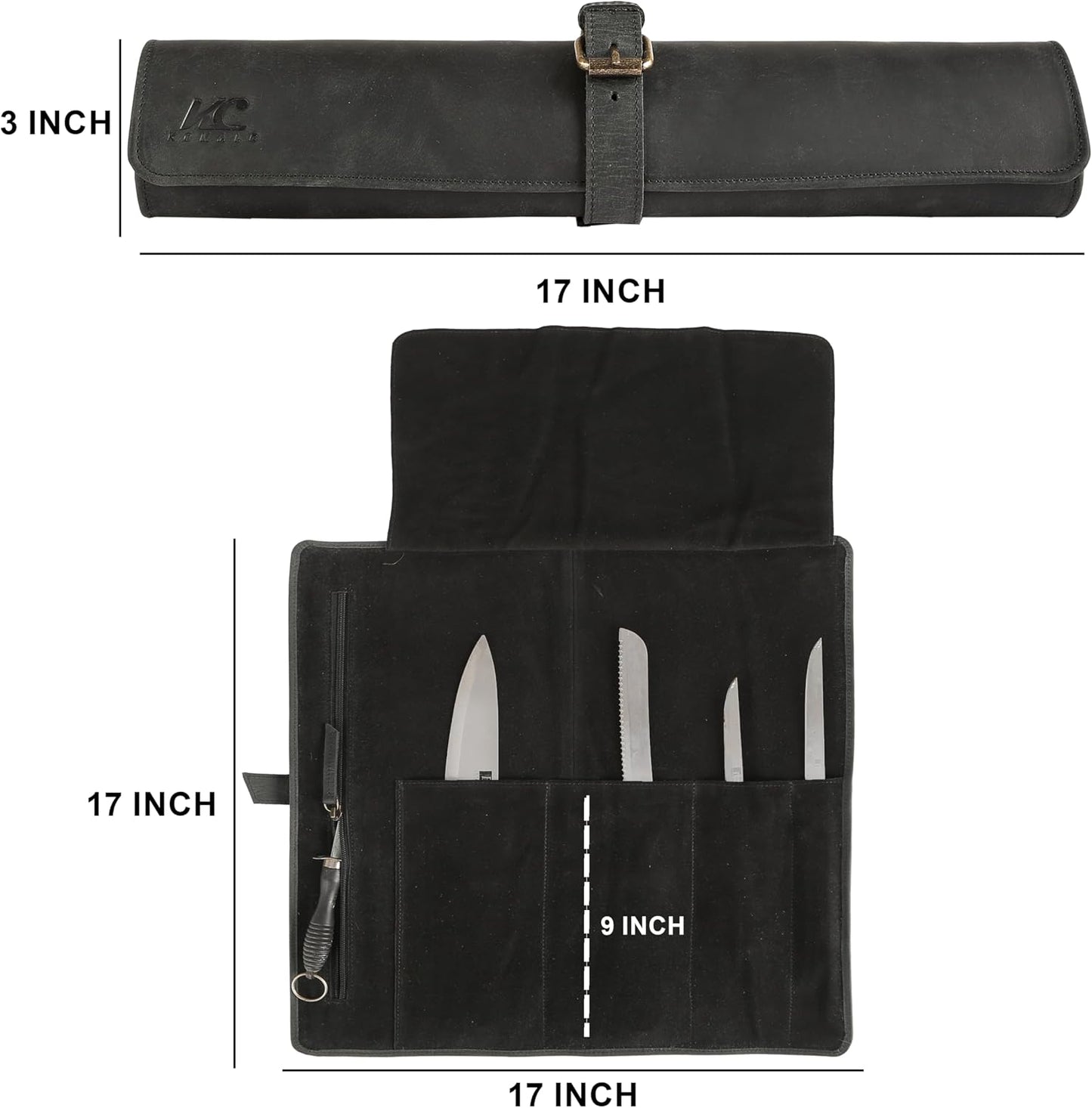 Leather Knife Roll Bag for Chefs – 17.5” x 17.5” Professional Chef Knife Storage Organizer, Portable Culinary Knife Case, Travel Knife Roll for Kitchen, BBQ & Catering