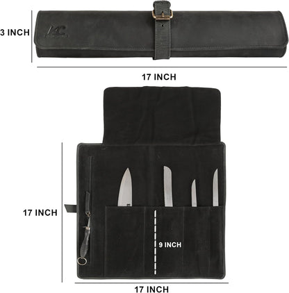 Leather Knife Roll Bag for Chefs – 17.5” x 17.5” Professional Chef Knife Storage Organizer, Portable Culinary Knife Case, Travel Knife Roll for Kitchen, BBQ & Catering