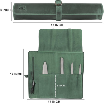 Leather Knife Roll Bag for Chefs – 17.5” x 17.5” Professional Chef Knife Storage Organizer, Portable Culinary Knife Case, Travel Knife Roll for Kitchen, BBQ & Catering