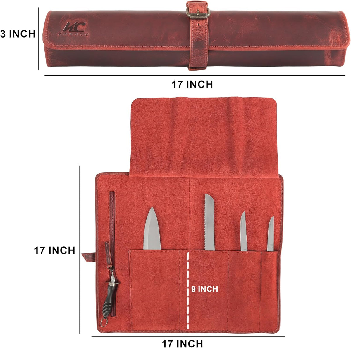 Leather Knife Roll Bag for Chefs – 17.5” x 17.5” Professional Chef Knife Storage Organizer, Portable Culinary Knife Case, Travel Knife Roll for Kitchen, BBQ & Catering