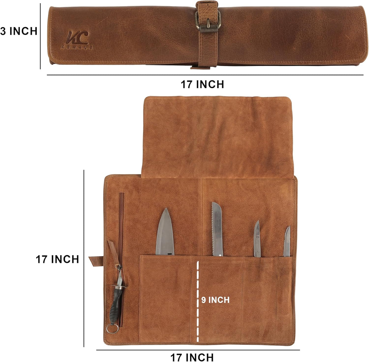 Leather Knife Roll Bag for Chefs – 17.5” x 17.5” Professional Chef Knife Storage Organizer, Portable Culinary Knife Case, Travel Knife Roll for Kitchen, BBQ & Catering