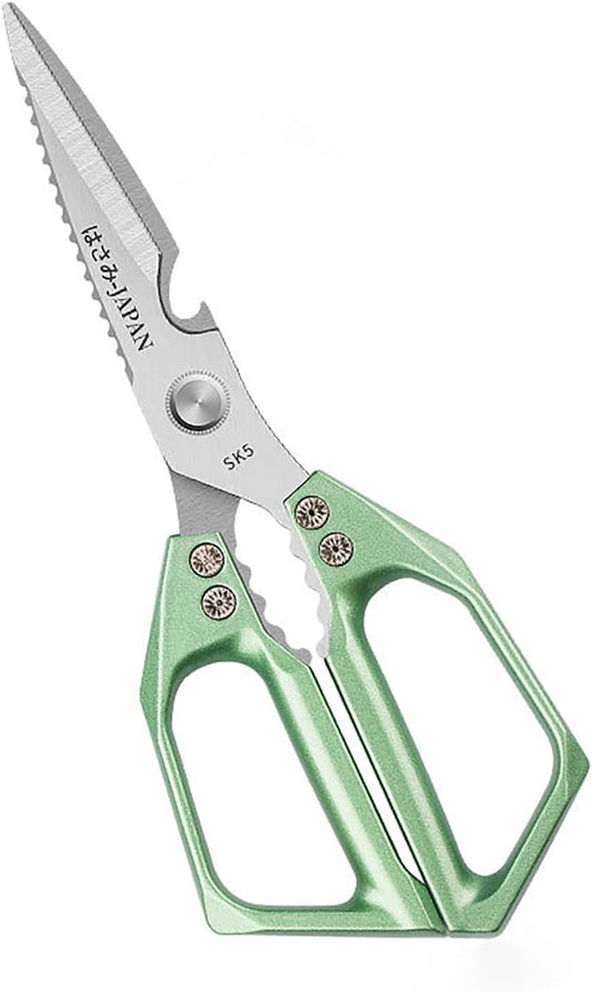 Heavy Duty Rust Proof Green Multi-Purpose Kitchen Shears | Suitable for Chicken, Fish, Steak and Vegetables. Built-In Fish Scaler & Bottle Opener, Dishwasher Safe.