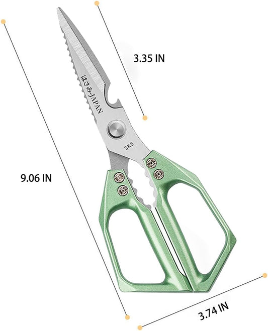 Heavy Duty Rust Proof Green Multi-Purpose Kitchen Shears | Suitable for Chicken, Fish, Steak and Vegetables. Built-In Fish Scaler & Bottle Opener, Dishwasher Safe.