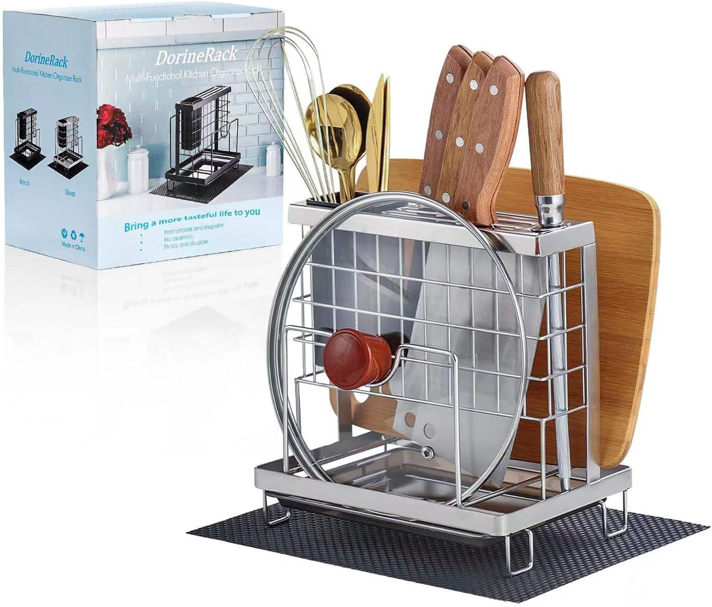 Universal Knife Block Holder, Kitchen Knife Holder Storage Organizer, Kitchen Utensils Holder, Cutting Board Rack, Pot Pan Lid Holder with Non-Slip Pad for Counter, Cabinet (Black)