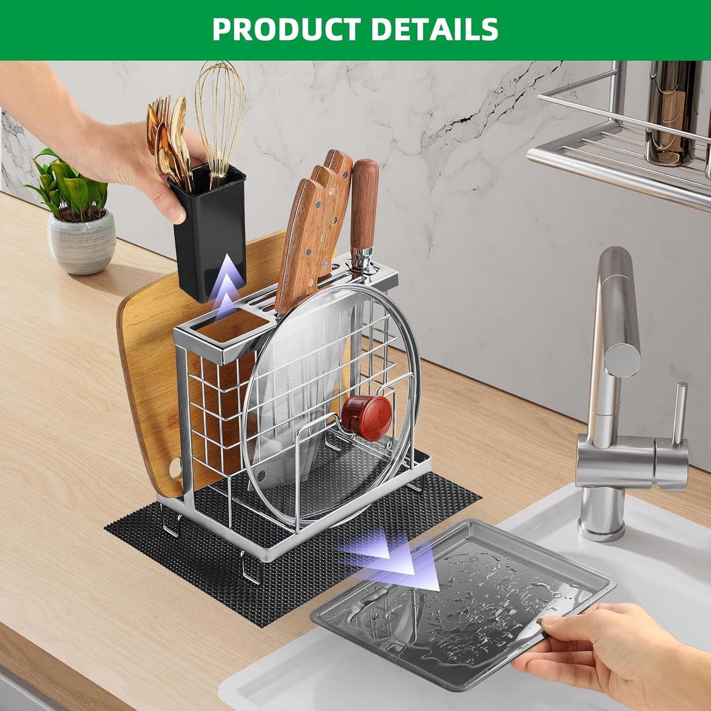 Universal Knife Block Holder, Kitchen Knife Holder Storage Organizer, Kitchen Utensils Holder, Cutting Board Rack, Pot Pan Lid Holder with Non-Slip Pad for Counter, Cabinet (Black)
