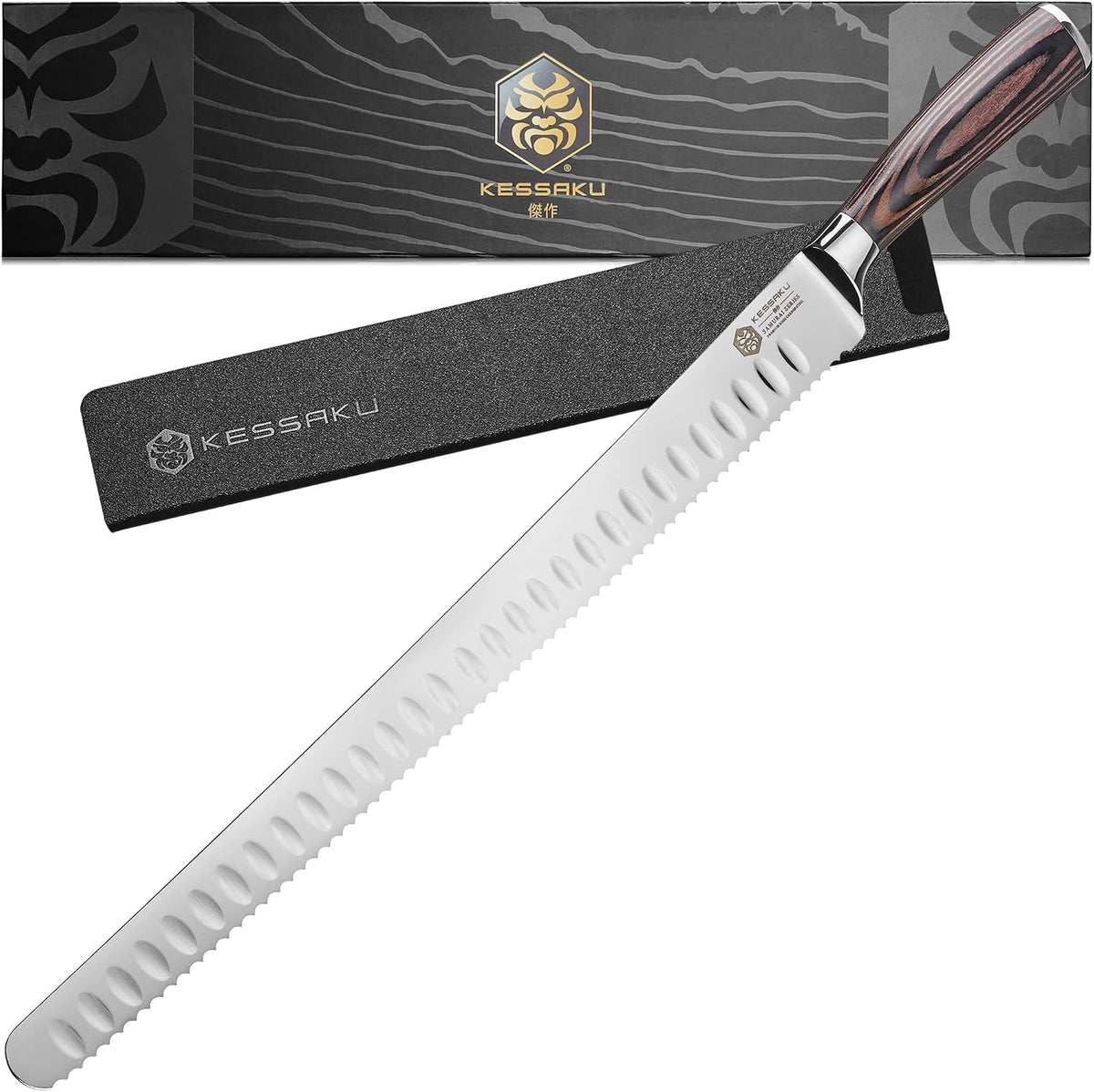 14-Inch Slicing Carving Knife - Samurai Series - Serrated Granton Edge - Forged High Carbon 7Cr17MoV Stainless Steel - Pakkawood Handle with Blade Guard