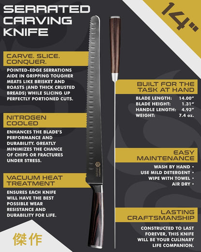 14-Inch Slicing Carving Knife - Samurai Series - Serrated Granton Edge - Forged High Carbon 7Cr17MoV Stainless Steel - Pakkawood Handle with Blade Guard