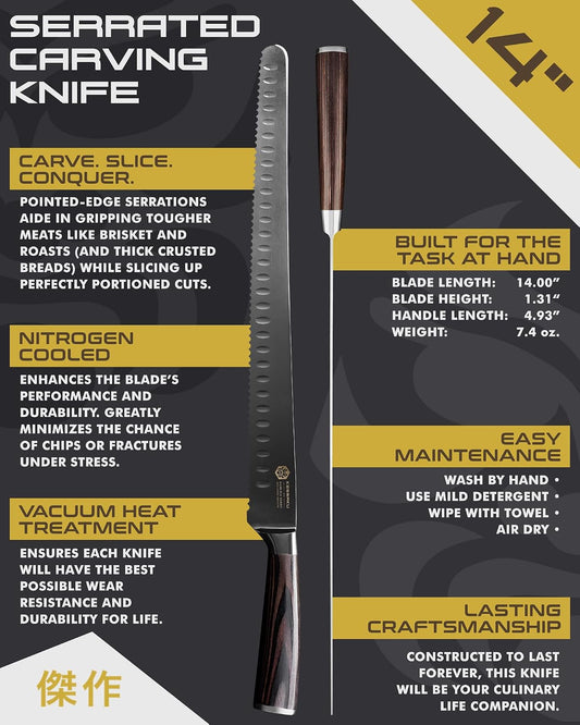 14-Inch Slicing Carving Knife - Samurai Series - Serrated Granton Edge - Forged High Carbon 7Cr17MoV Stainless Steel - Pakkawood Handle with Blade Guard