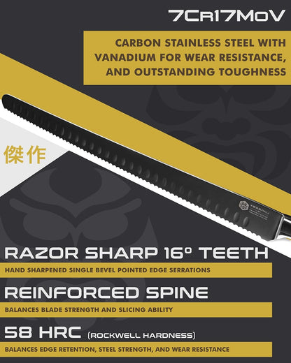 14-Inch Slicing Carving Knife - Samurai Series - Serrated Granton Edge - Forged High Carbon 7Cr17MoV Stainless Steel - Pakkawood Handle with Blade Guard