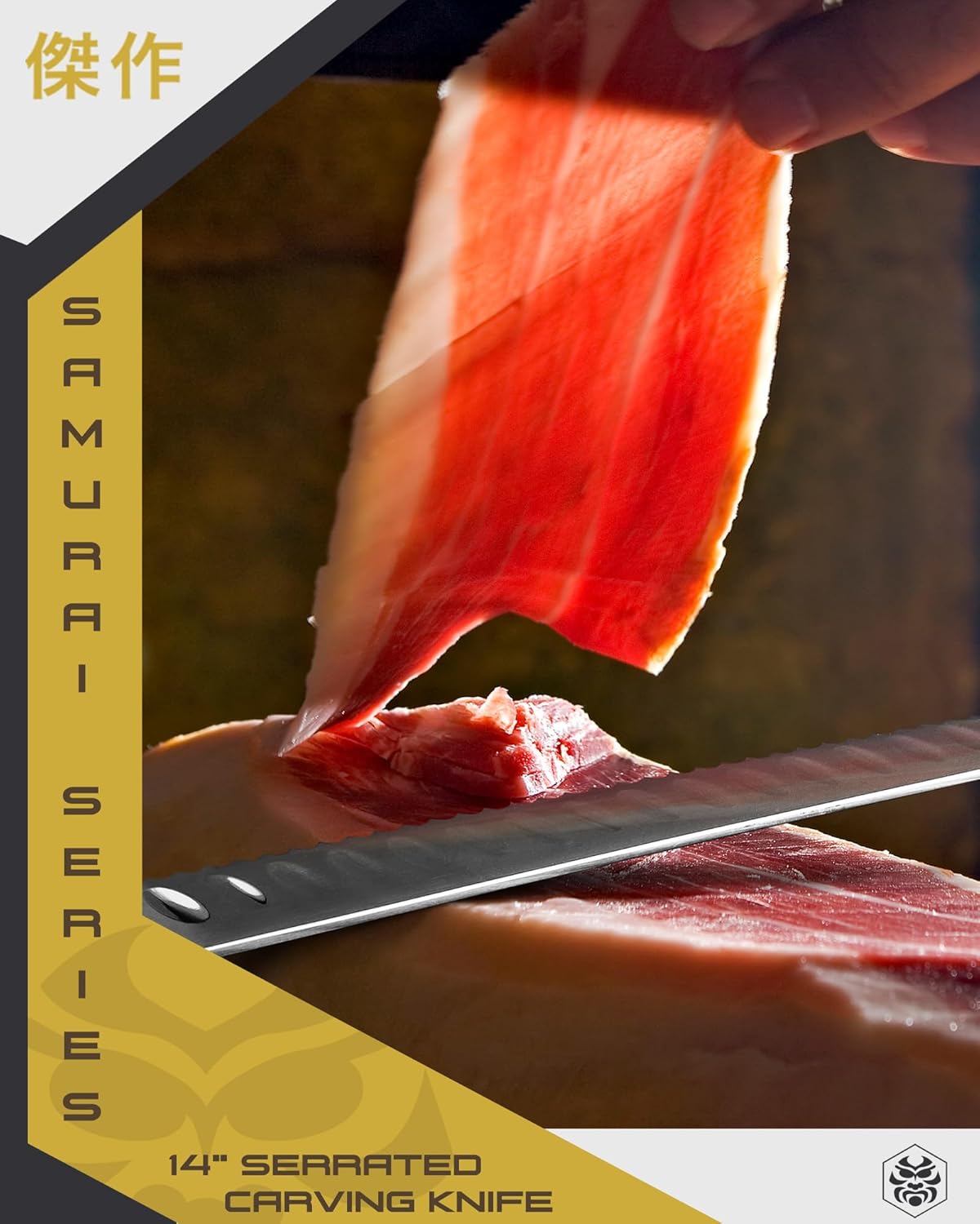 14-Inch Slicing Carving Knife - Samurai Series - Serrated Granton Edge - Forged High Carbon 7Cr17MoV Stainless Steel - Pakkawood Handle with Blade Guard