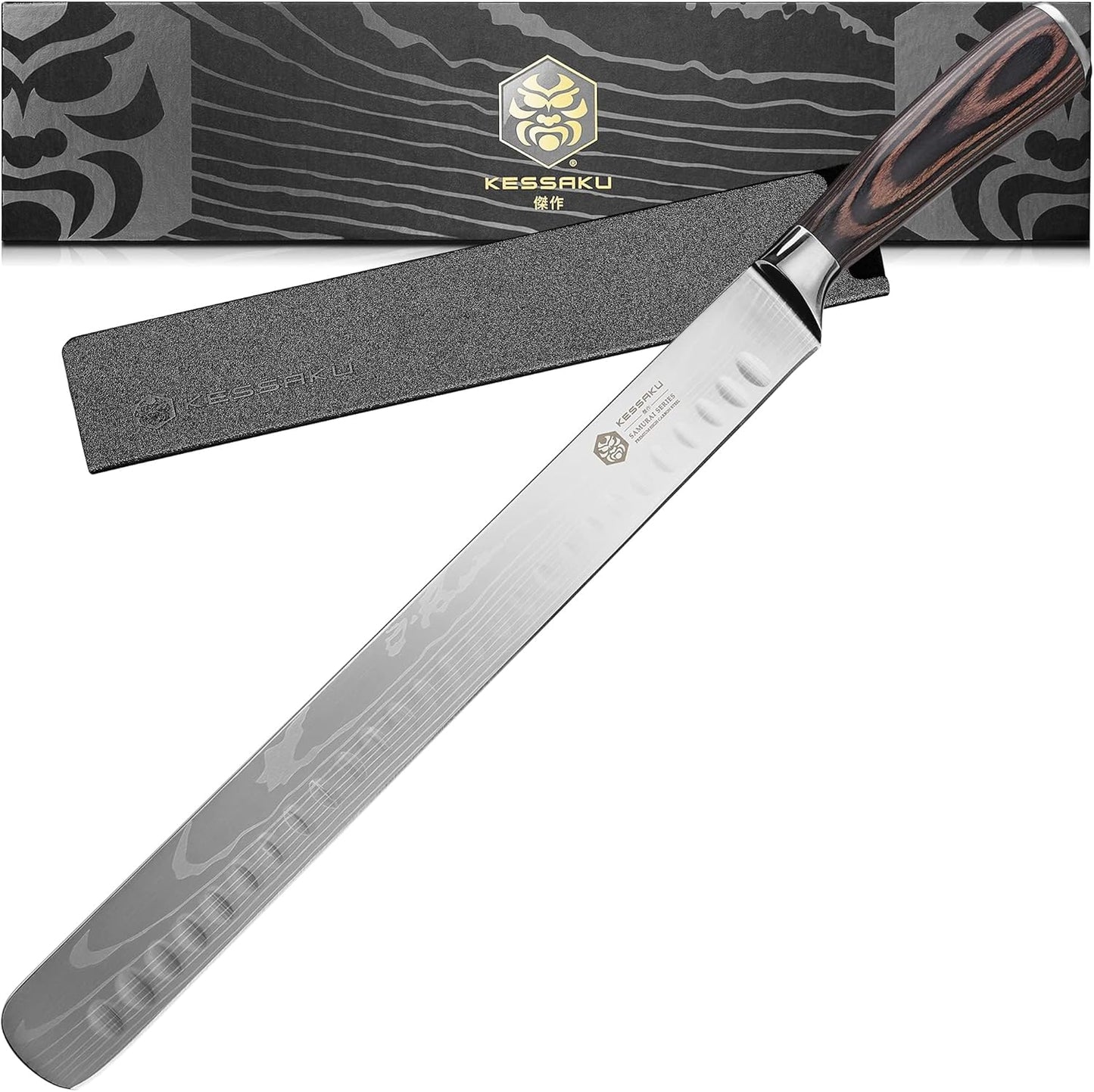 14-Inch Slicing Carving Knife - Samurai Series - Serrated Granton Edge - Forged High Carbon 7Cr17MoV Stainless Steel - Pakkawood Handle with Blade Guard