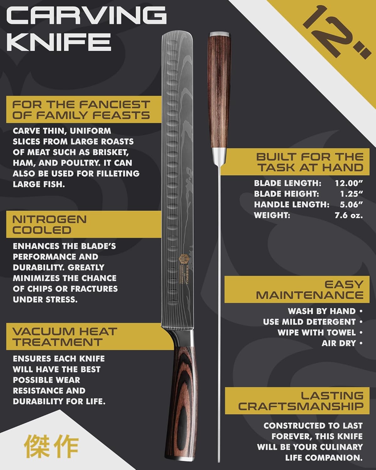 14-Inch Slicing Carving Knife - Samurai Series - Serrated Granton Edge - Forged High Carbon 7Cr17MoV Stainless Steel - Pakkawood Handle with Blade Guard