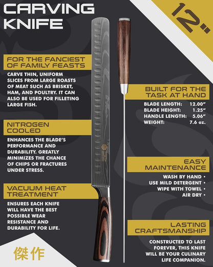 14-Inch Slicing Carving Knife - Samurai Series - Serrated Granton Edge - Forged High Carbon 7Cr17MoV Stainless Steel - Pakkawood Handle with Blade Guard