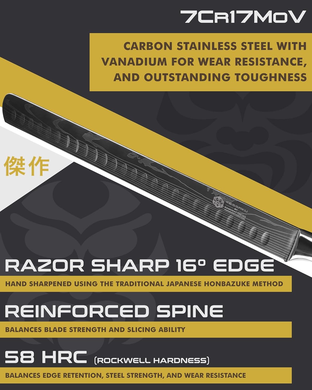 14-Inch Slicing Carving Knife - Samurai Series - Serrated Granton Edge - Forged High Carbon 7Cr17MoV Stainless Steel - Pakkawood Handle with Blade Guard