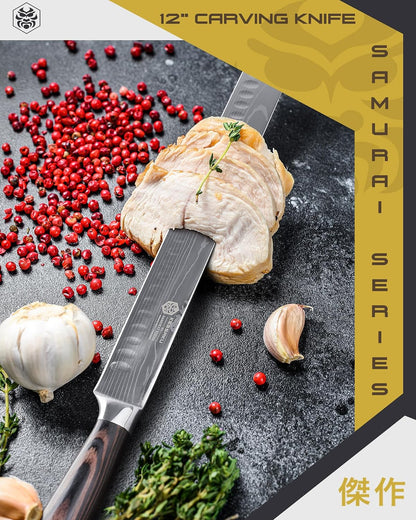 14-Inch Slicing Carving Knife - Samurai Series - Serrated Granton Edge - Forged High Carbon 7Cr17MoV Stainless Steel - Pakkawood Handle with Blade Guard