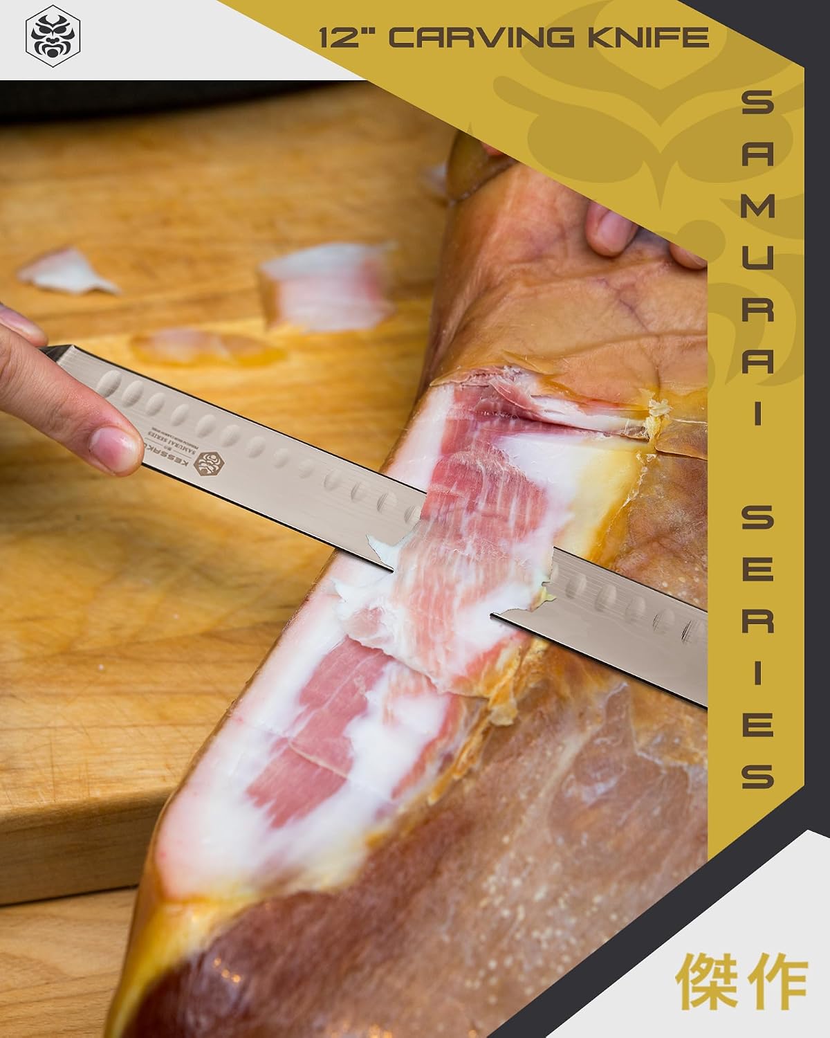 14-Inch Slicing Carving Knife - Samurai Series - Serrated Granton Edge - Forged High Carbon 7Cr17MoV Stainless Steel - Pakkawood Handle with Blade Guard