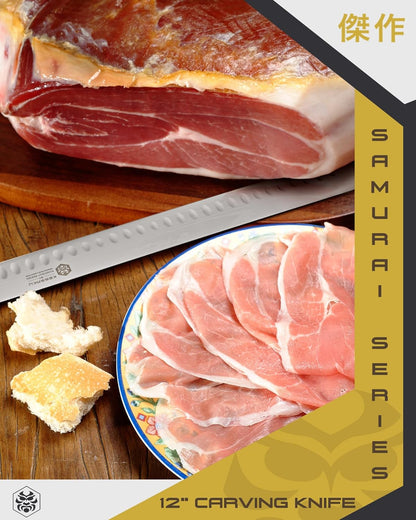 14-Inch Slicing Carving Knife - Samurai Series - Serrated Granton Edge - Forged High Carbon 7Cr17MoV Stainless Steel - Pakkawood Handle with Blade Guard