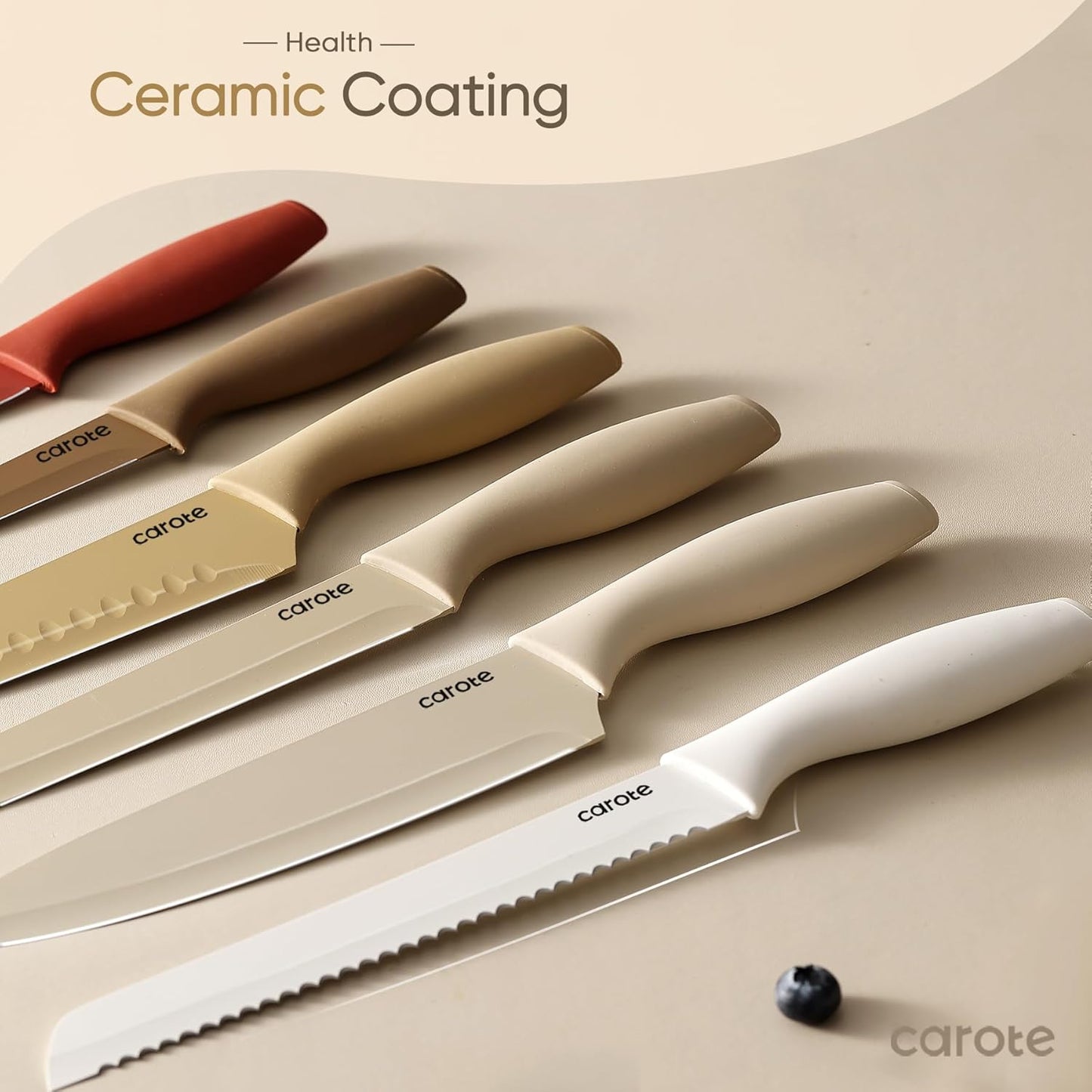 Kitchen Knife Set, 6 Color-Coded Knives and 6 Blade Guards, 12-Piece | Stainless Steel Blades, Ceramic Nonstick Coating, Long-Lasting Sharpness, Rust-Resistant, Non-Slip, Dishwasher Safe