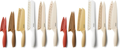 Kitchen Knife Set, 6 Color-Coded Knives and 6 Blade Guards, 12-Piece | Stainless Steel Blades, Ceramic Nonstick Coating, Long-Lasting Sharpness, Rust-Resistant, Non-Slip, Dishwasher Safe