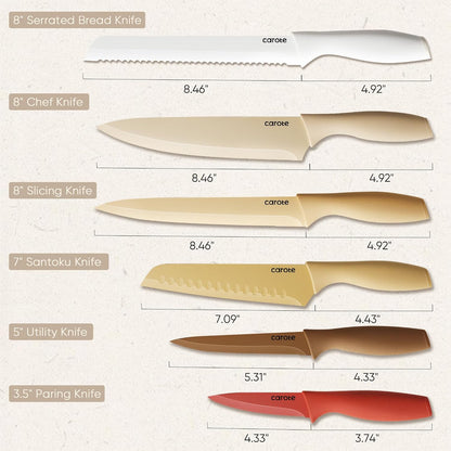 Kitchen Knife Set, 6 Color-Coded Knives and 6 Blade Guards, 12-Piece | Stainless Steel Blades, Ceramic Nonstick Coating, Long-Lasting Sharpness, Rust-Resistant, Non-Slip, Dishwasher Safe