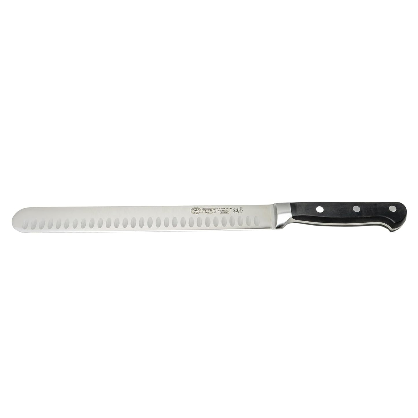 10" Fish/Roast Slicer w/Granton Edge, Triple Riveted, Full Tang Forged Blade