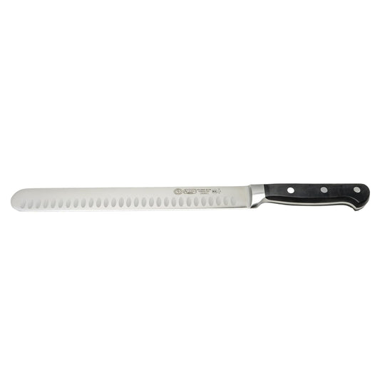 10" Fish/Roast Slicer w/Granton Edge, Triple Riveted, Full Tang Forged Blade