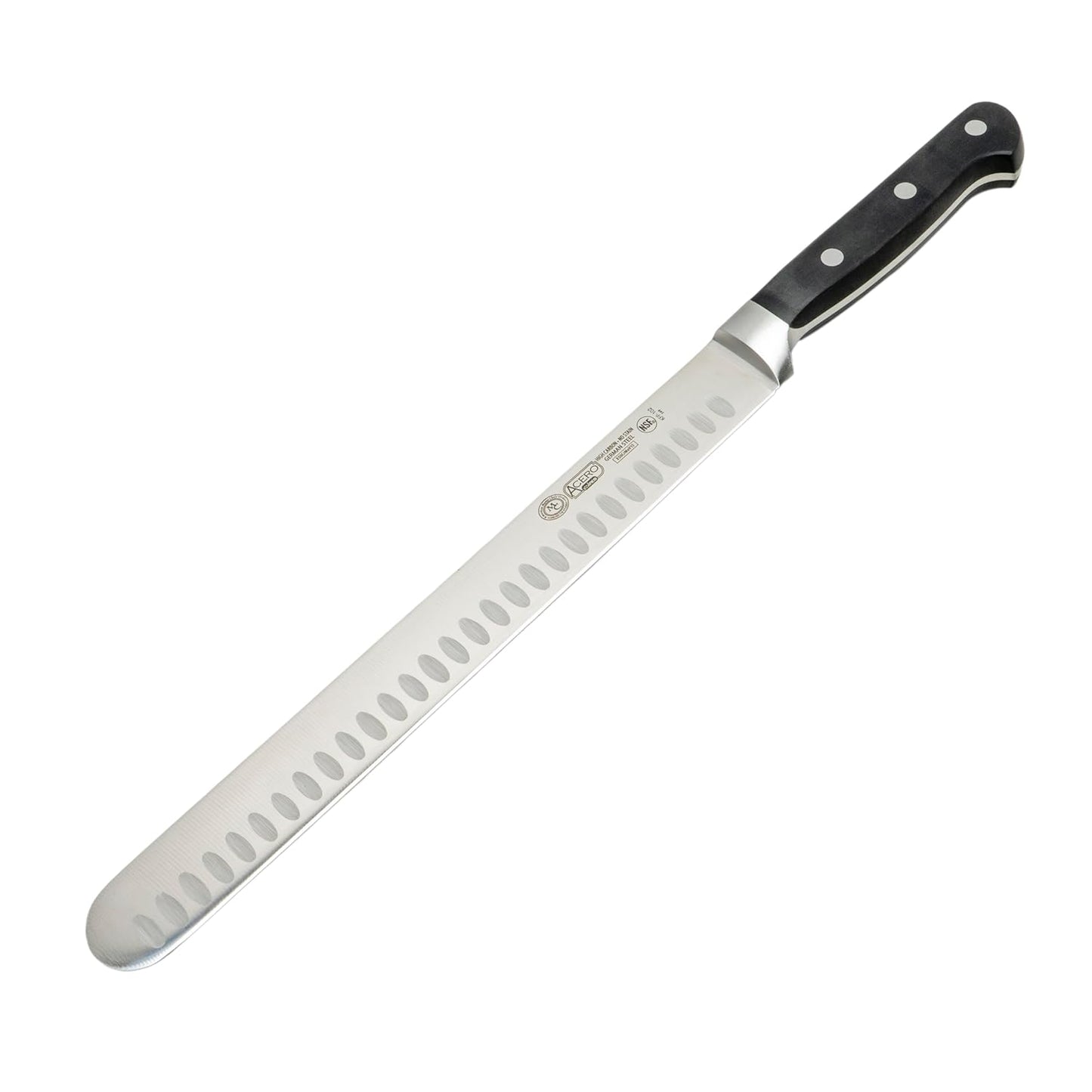 10" Fish/Roast Slicer w/Granton Edge, Triple Riveted, Full Tang Forged Blade