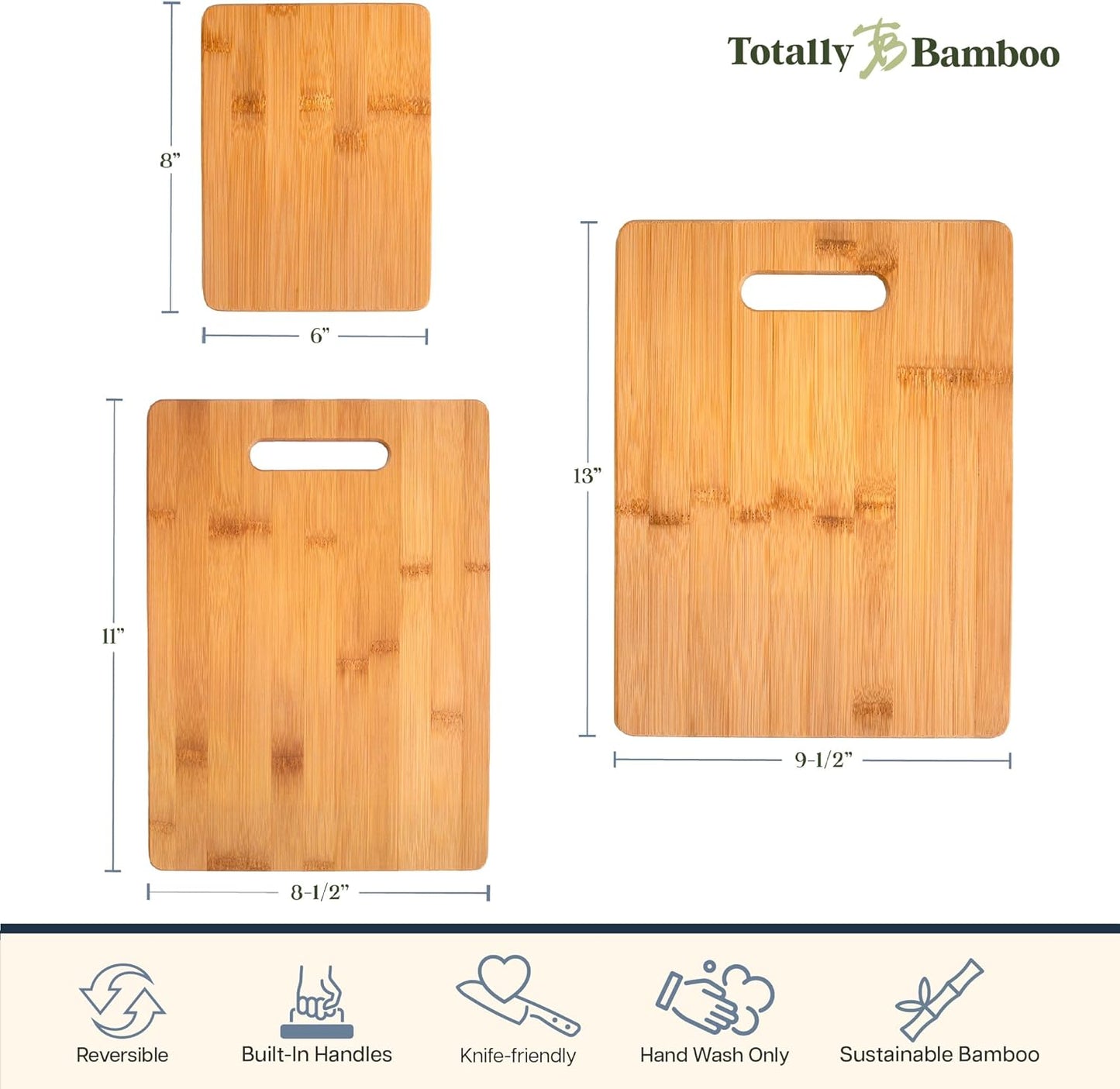 3-Piece Bamboo Cutting Board Set, Wood Cutting Boards for Kitchen, Reversible Chopping Boards in Small, Medium, and Large Sizes