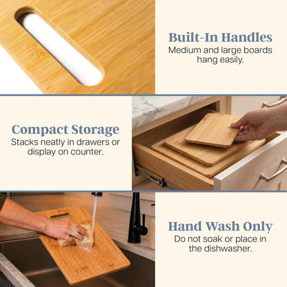 3-Piece Bamboo Cutting Board Set, Wood Cutting Boards for Kitchen, Reversible Chopping Boards in Small, Medium, and Large Sizes