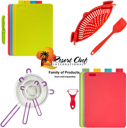 Resort Chef Vibrant Kitchen Cutting Board Set - 4 Non-Porous, BPA-Free, Dishwasher-Safe Reversible Plastic Boards with Easy-Grip Food Icon Tabs. Includes Ceramic Knife & Non-Slip Mat.