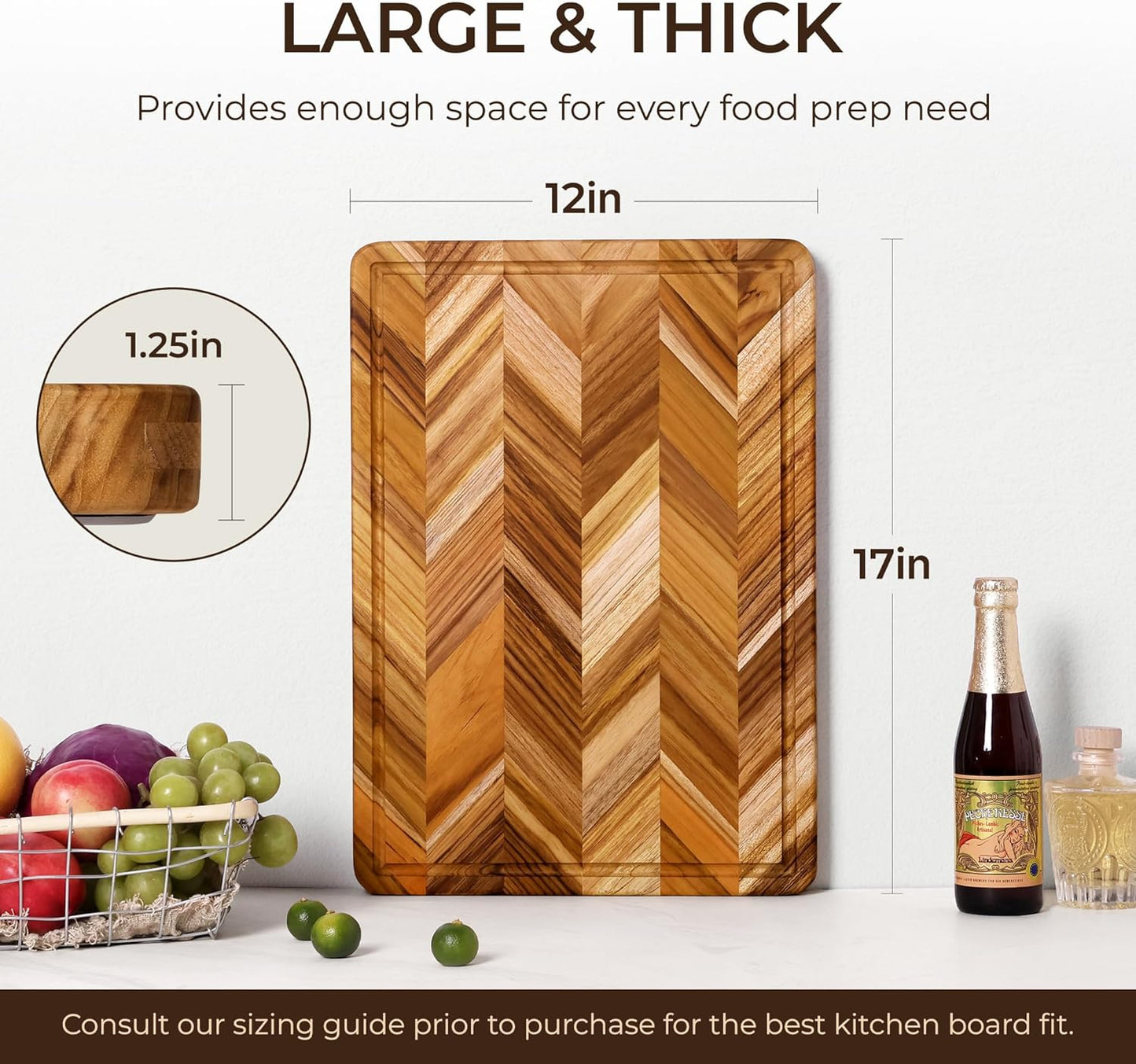 Teak Wood Cutting Board for Kitchen Large End Grain Heavy Duty Checkered Wooden Cutting Board Non Toxic Herringbone Charcuterie Butcher Block Non Slip Hardwood Chopping with Juice Groove Handle