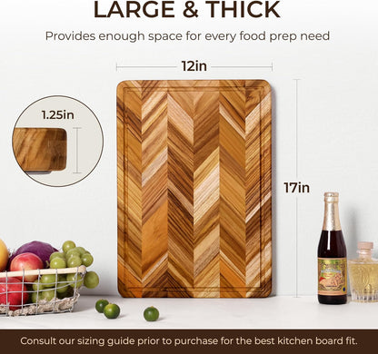 Teak Wood Cutting Board for Kitchen Large End Grain Heavy Duty Checkered Wooden Cutting Board Non Toxic Herringbone Charcuterie Butcher Block Non Slip Hardwood Chopping with Juice Groove Handle