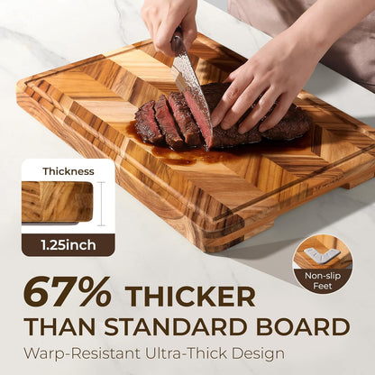 Teak Wood Cutting Board for Kitchen Large End Grain Heavy Duty Checkered Wooden Cutting Board Non Toxic Herringbone Charcuterie Butcher Block Non Slip Hardwood Chopping with Juice Groove Handle