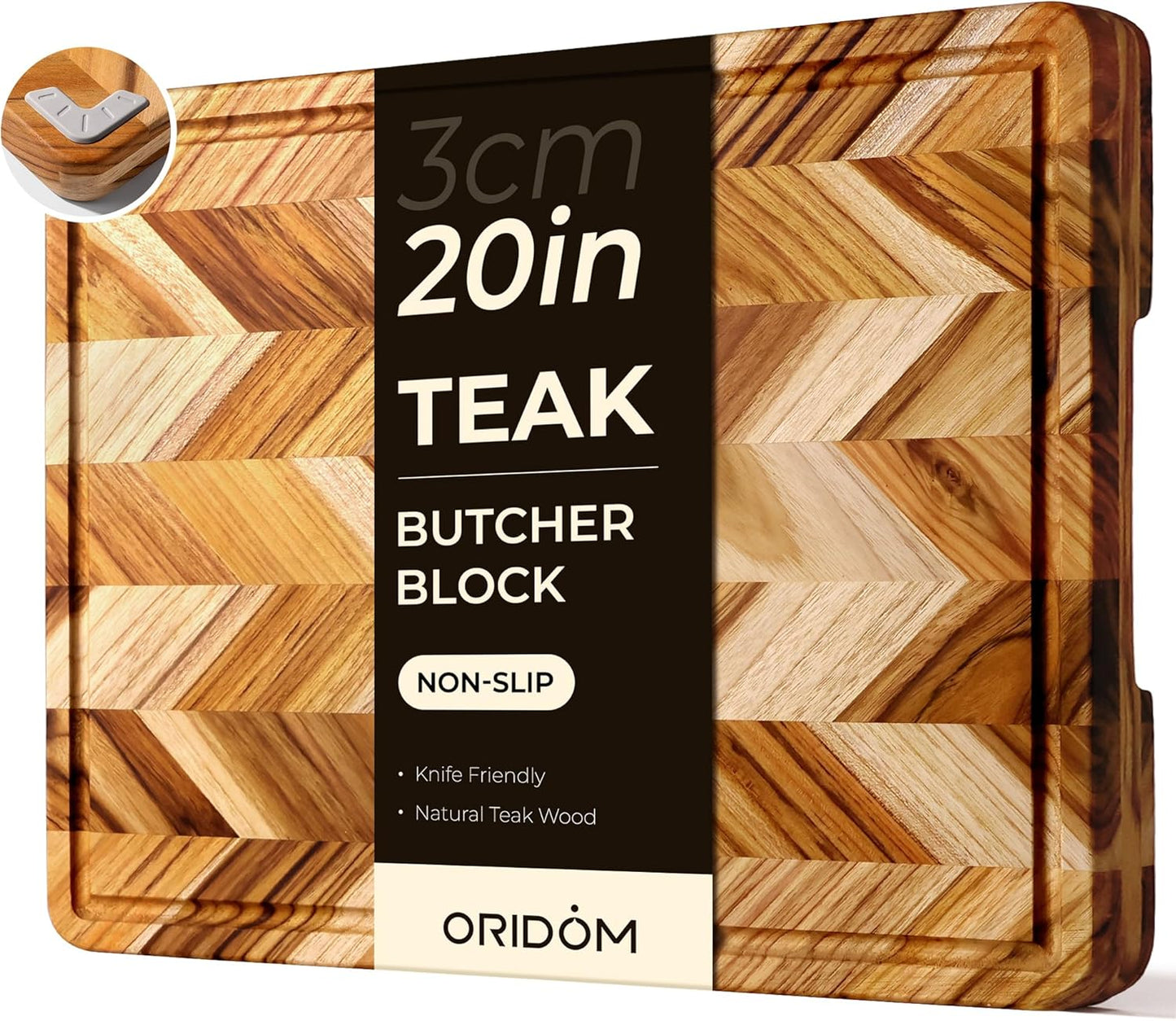 Teak Wood Cutting Board for Kitchen Large End Grain Heavy Duty Checkered Wooden Cutting Board Non Toxic Herringbone Charcuterie Butcher Block Non Slip Hardwood Chopping with Juice Groove Handle
