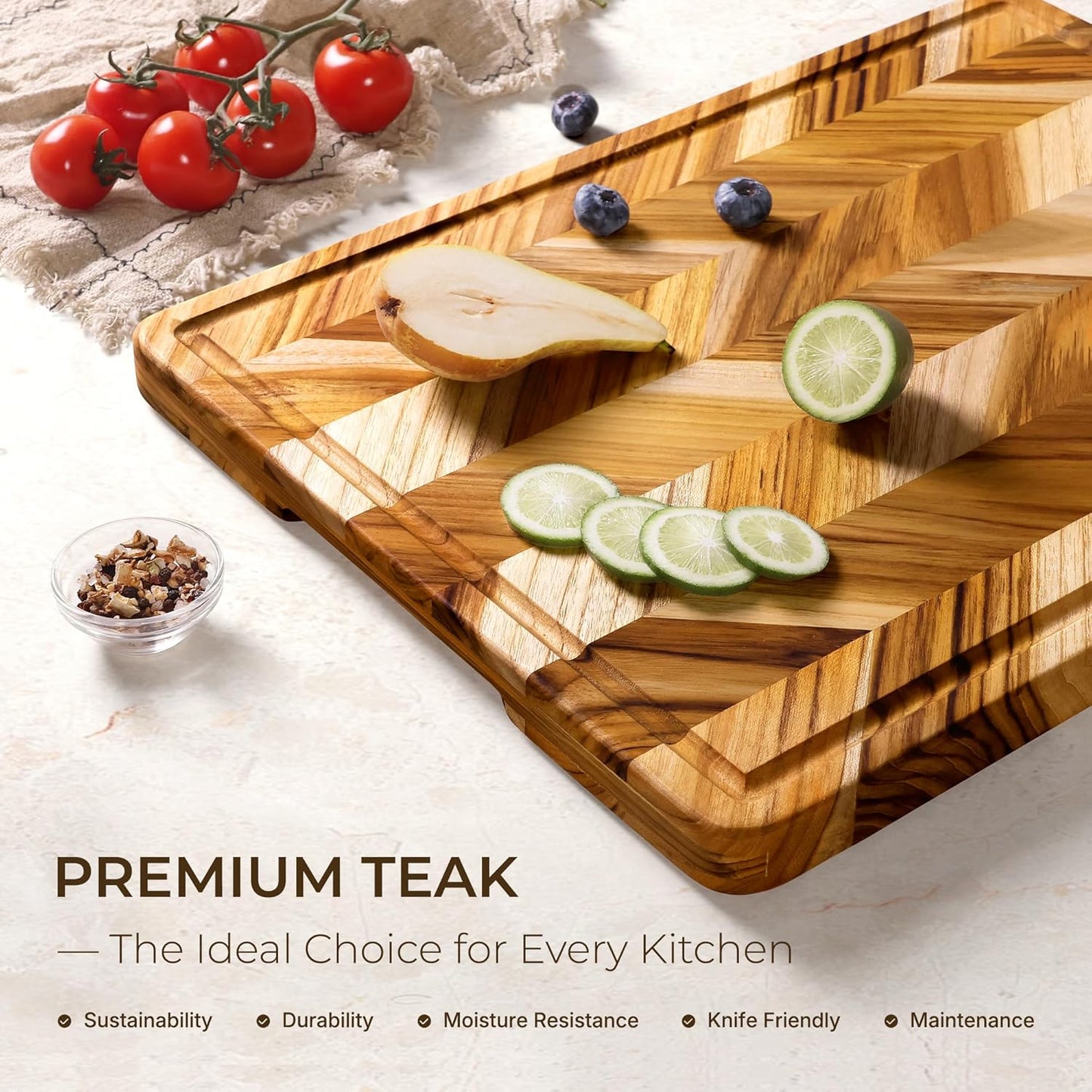 Teak Wood Cutting Board for Kitchen Large End Grain Heavy Duty Checkered Wooden Cutting Board Non Toxic Herringbone Charcuterie Butcher Block Non Slip Hardwood Chopping with Juice Groove Handle