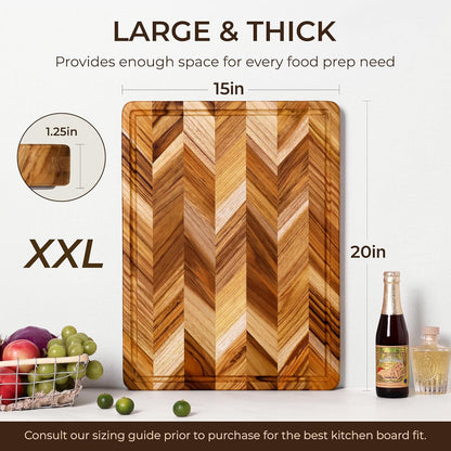 Teak Wood Cutting Board for Kitchen Large End Grain Heavy Duty Checkered Wooden Cutting Board Non Toxic Herringbone Charcuterie Butcher Block Non Slip Hardwood Chopping with Juice Groove Handle