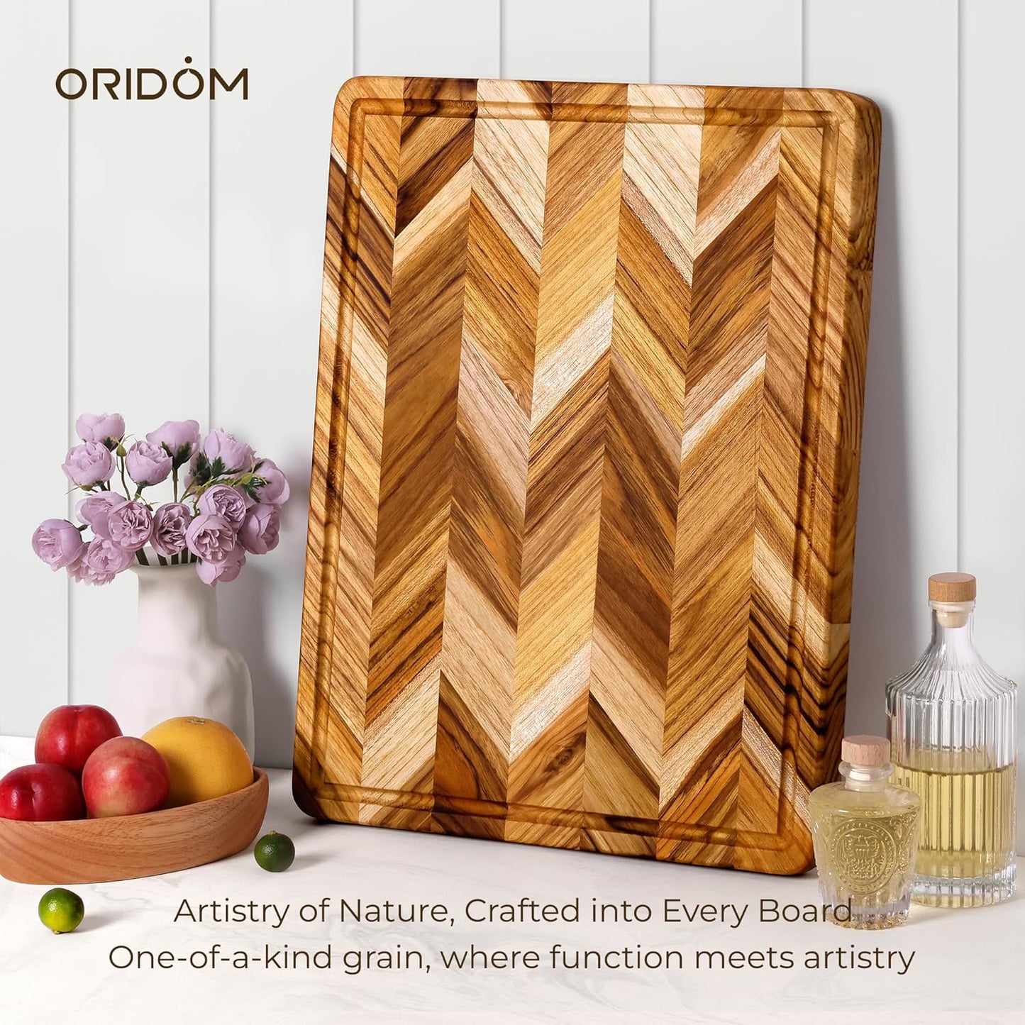 Teak Wood Cutting Board for Kitchen Large End Grain Heavy Duty Checkered Wooden Cutting Board Non Toxic Herringbone Charcuterie Butcher Block Non Slip Hardwood Chopping with Juice Groove Handle