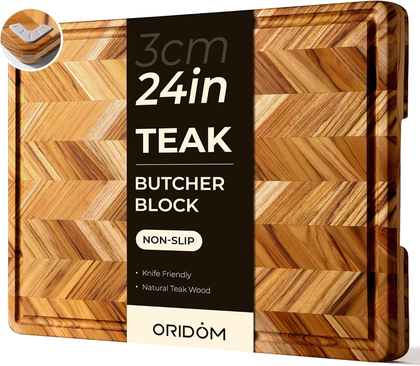 Teak Wood Cutting Board for Kitchen Large End Grain Heavy Duty Checkered Wooden Cutting Board Non Toxic Herringbone Charcuterie Butcher Block Non Slip Hardwood Chopping with Juice Groove Handle