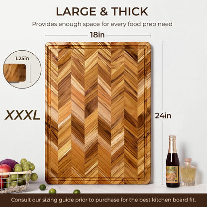 Teak Wood Cutting Board for Kitchen Large End Grain Heavy Duty Checkered Wooden Cutting Board Non Toxic Herringbone Charcuterie Butcher Block Non Slip Hardwood Chopping with Juice Groove Handle