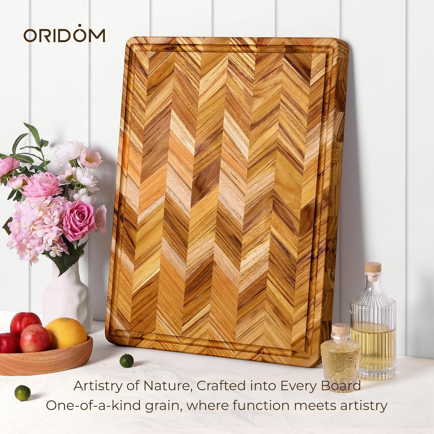 Teak Wood Cutting Board for Kitchen Large End Grain Heavy Duty Checkered Wooden Cutting Board Non Toxic Herringbone Charcuterie Butcher Block Non Slip Hardwood Chopping with Juice Groove Handle