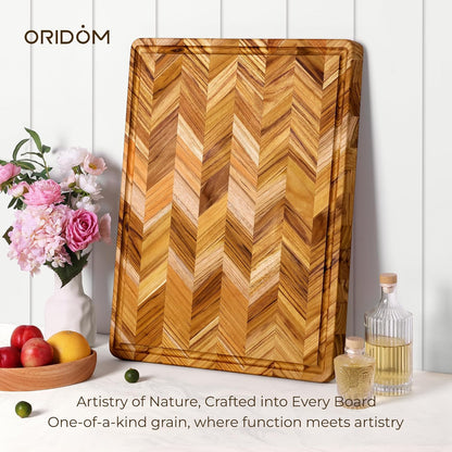 Teak Wood Cutting Board for Kitchen Large End Grain Heavy Duty Checkered Wooden Cutting Board Non Toxic Herringbone Charcuterie Butcher Block Non Slip Hardwood Chopping with Juice Groove Handle