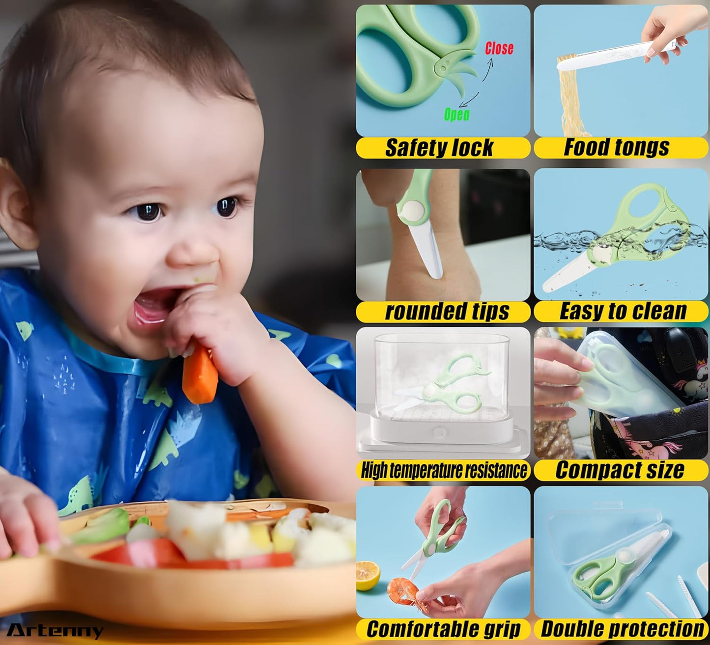 Baby Food Scissors with Travel Case and Tongs, Kids Scissors with Lock (A) | Fully Detachable Ceramic Blade Kids Food Scissors, Kitchen scissors for food, Ideal for Pizza, Meats, Noodles, Vegetables.