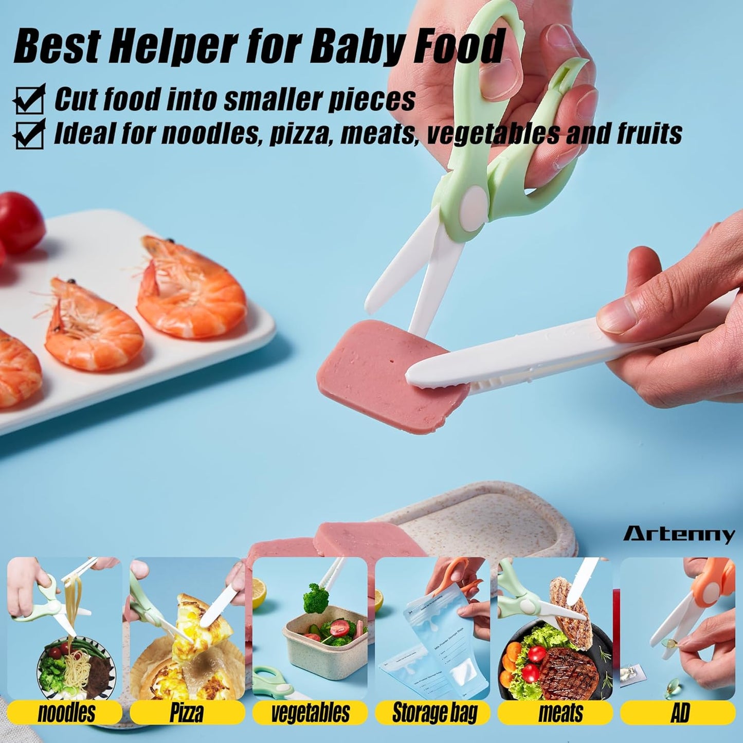 Baby Food Scissors with Travel Case and Tongs, Kids Scissors with Lock (A) | Fully Detachable Ceramic Blade Kids Food Scissors, Kitchen scissors for food, Ideal for Pizza, Meats, Noodles, Vegetables.