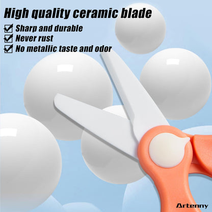 Baby Food Scissors with Travel Case and Tongs, Kids Scissors with Lock (A) | Fully Detachable Ceramic Blade Kids Food Scissors, Kitchen scissors for food, Ideal for Pizza, Meats, Noodles, Vegetables.
