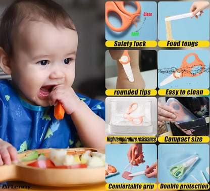 Baby Food Scissors with Travel Case and Tongs, Kids Scissors with Lock (A) | Fully Detachable Ceramic Blade Kids Food Scissors, Kitchen scissors for food, Ideal for Pizza, Meats, Noodles, Vegetables.