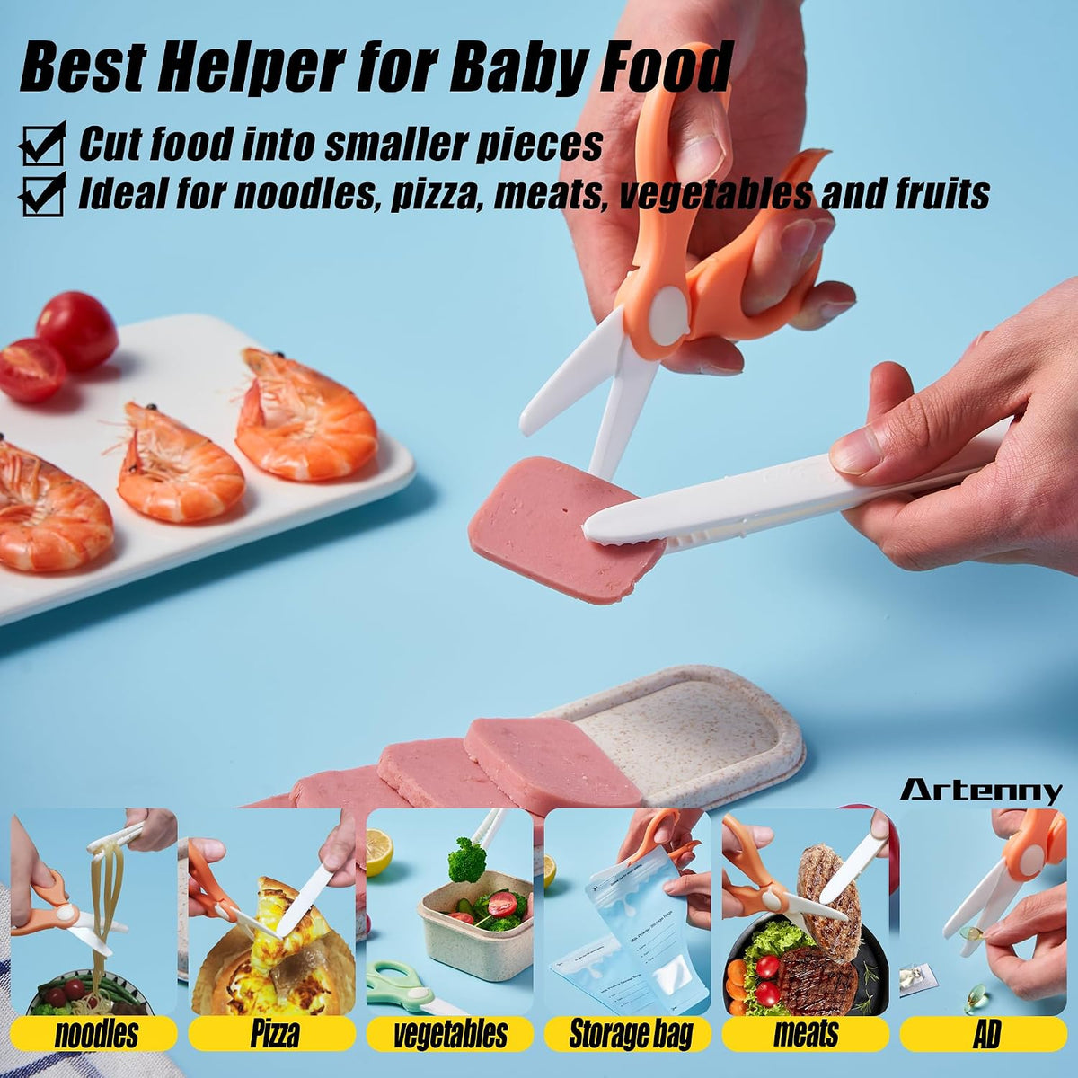Baby Food Scissors with Travel Case and Tongs, Kids Scissors with Lock (A) | Fully Detachable Ceramic Blade Kids Food Scissors, Kitchen scissors for food, Ideal for Pizza, Meats, Noodles, Vegetables.