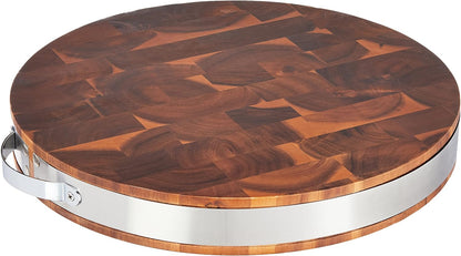 Brown Extra Thick Acacia Hardwood End Grain Round Cutting Board wIith Stainless Steel Band | Butcher Block | Wood Chopping Board | Carving Board | Cahrcuterie Board - 15" (Round) x 2"