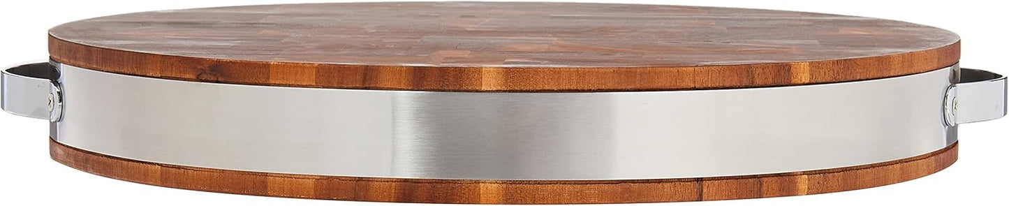 Brown Extra Thick Acacia Hardwood End Grain Round Cutting Board wIith Stainless Steel Band | Butcher Block | Wood Chopping Board | Carving Board | Cahrcuterie Board - 15" (Round) x 2"