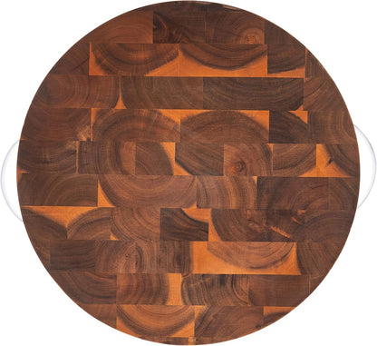 Brown Extra Thick Acacia Hardwood End Grain Round Cutting Board wIith Stainless Steel Band | Butcher Block | Wood Chopping Board | Carving Board | Cahrcuterie Board - 15" (Round) x 2"
